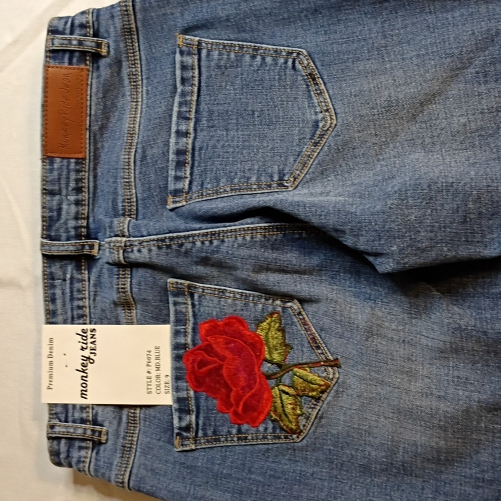 NWT Monkey Ride Distressed Jeans with Rose Embroidery On Rear Pocket
